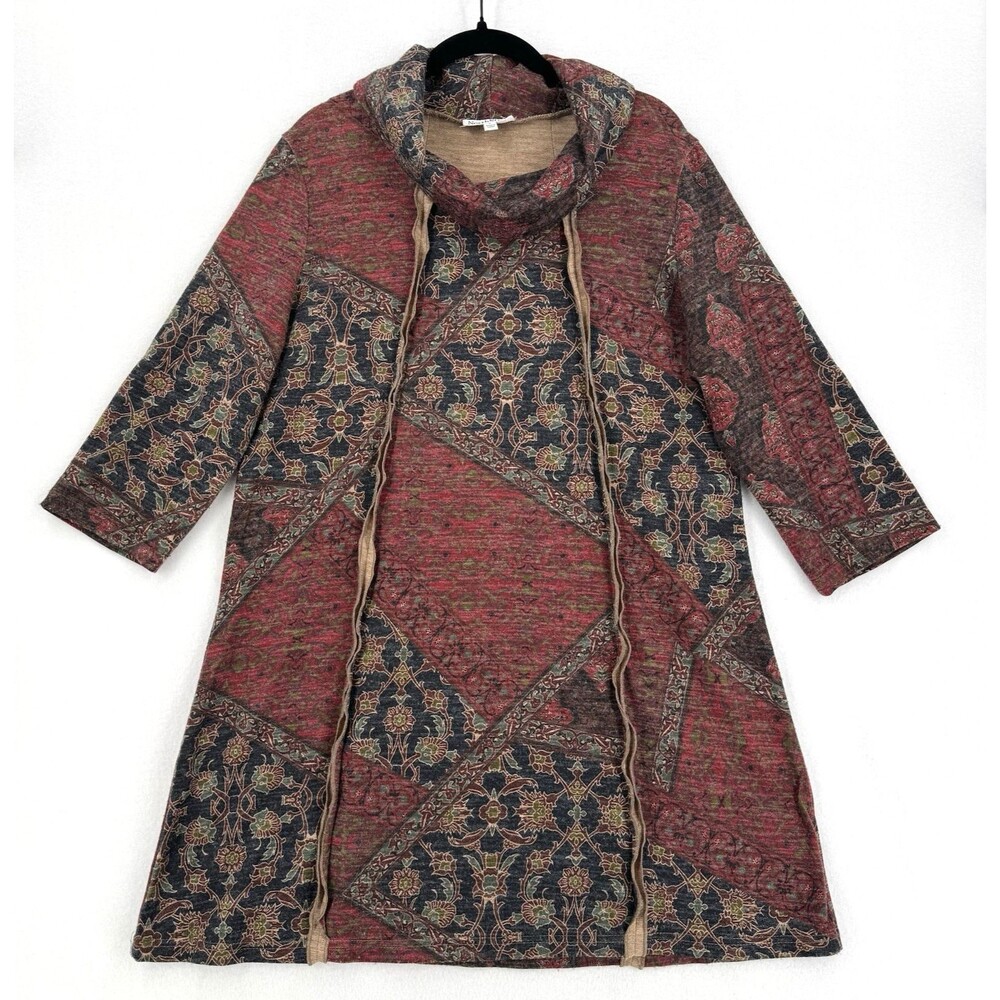 NorthStyle Size L Patchwork Paisley Cowl Neck Tunic Dress Boho Artsy 3/4 Sleeve
